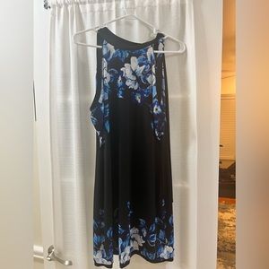 Black and blue floral XS belted WHBM dress
